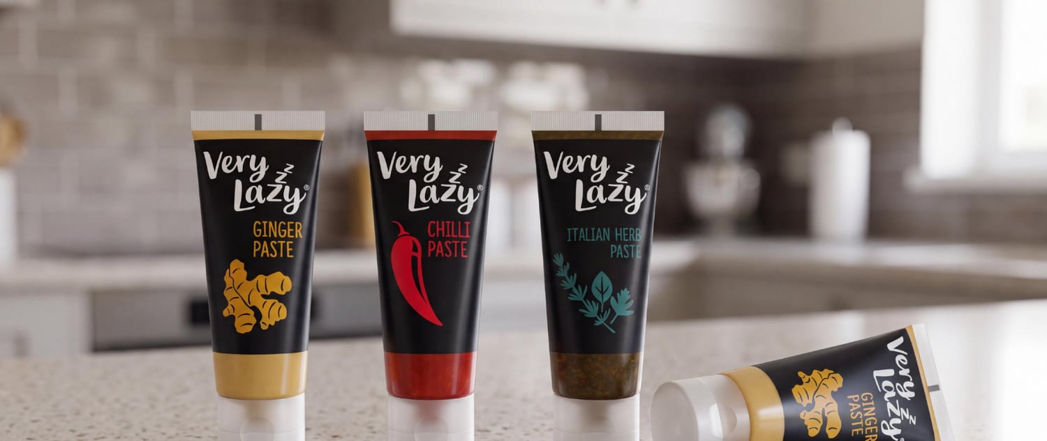 4 very lazy sqeezy pastes on a kitchen counter