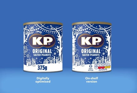 Image of two KP original salted peanuts, one is digitally optimised vs the on the shelf version 