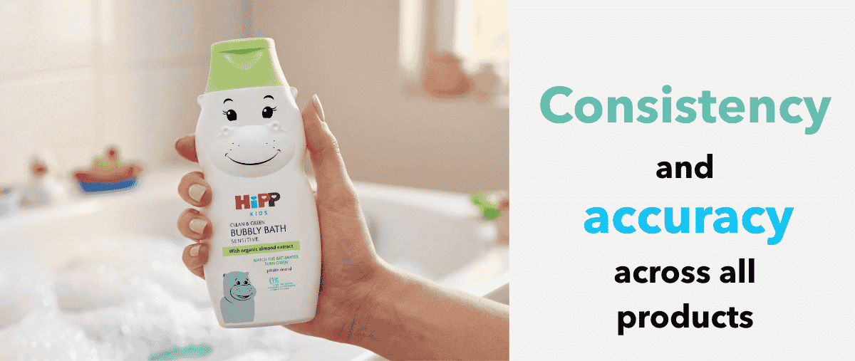 image of hipp kids bubbly bath, next to consistency and accuracy across all products 