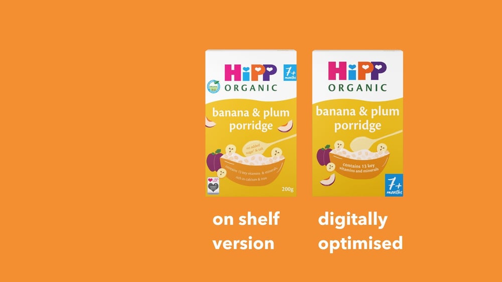 yellow packaging showcase of On shelf vs digitally optimised version of Hipp organic banana and plum porridge