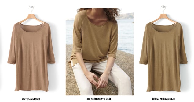 Image of three beige tops, one unmatched colour shot, two the original lifestyle shot and three the colour matched shot
