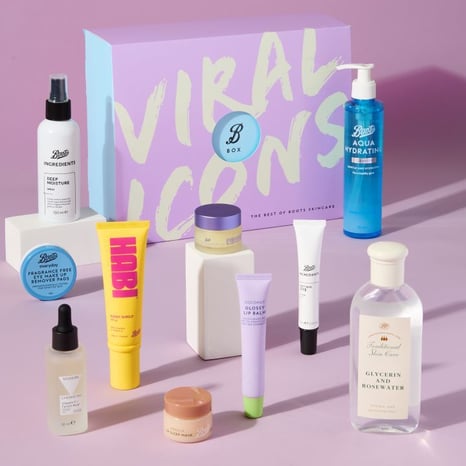Boots Beauty Box Beauty Icons shot, with boots eye makeup remover pads, deep moisture, glossy lip balm, aqua hydrate and sleep mask