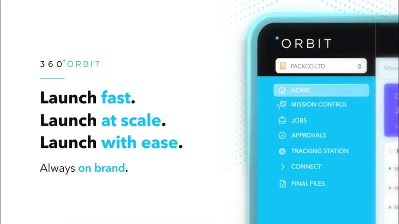 Tablet with Orbit screen shot next to text saying Launch fast. Launch at scale. Launch with ease.