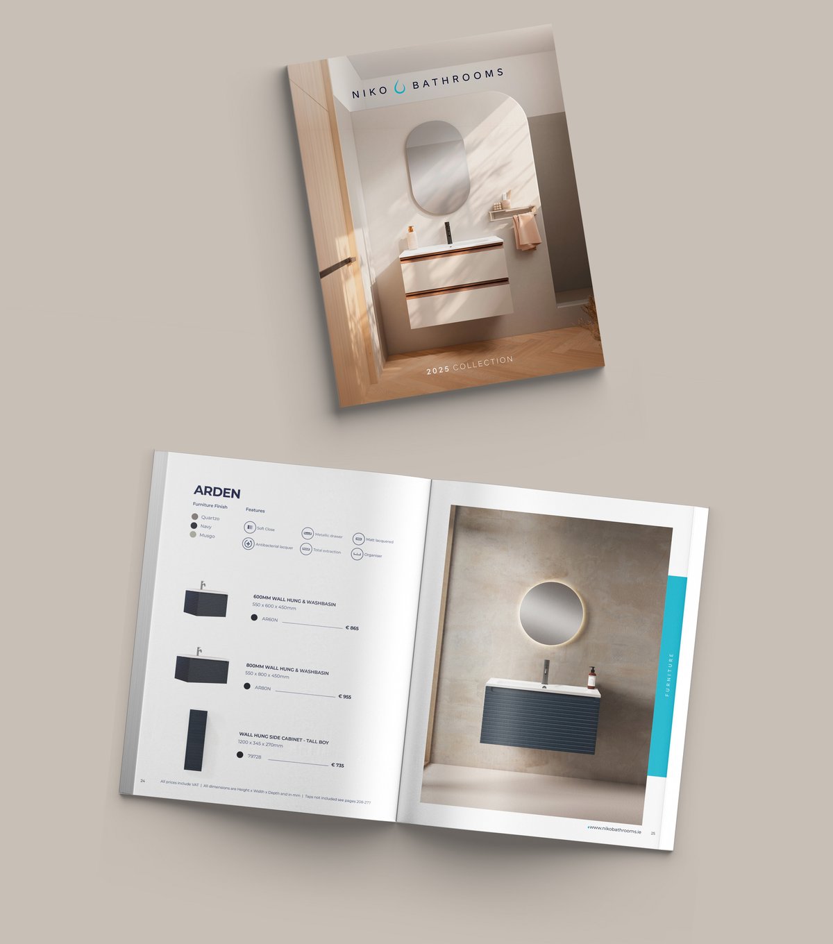 Niko bathrooms brochure. One version open and the other closed on a chestnut background.