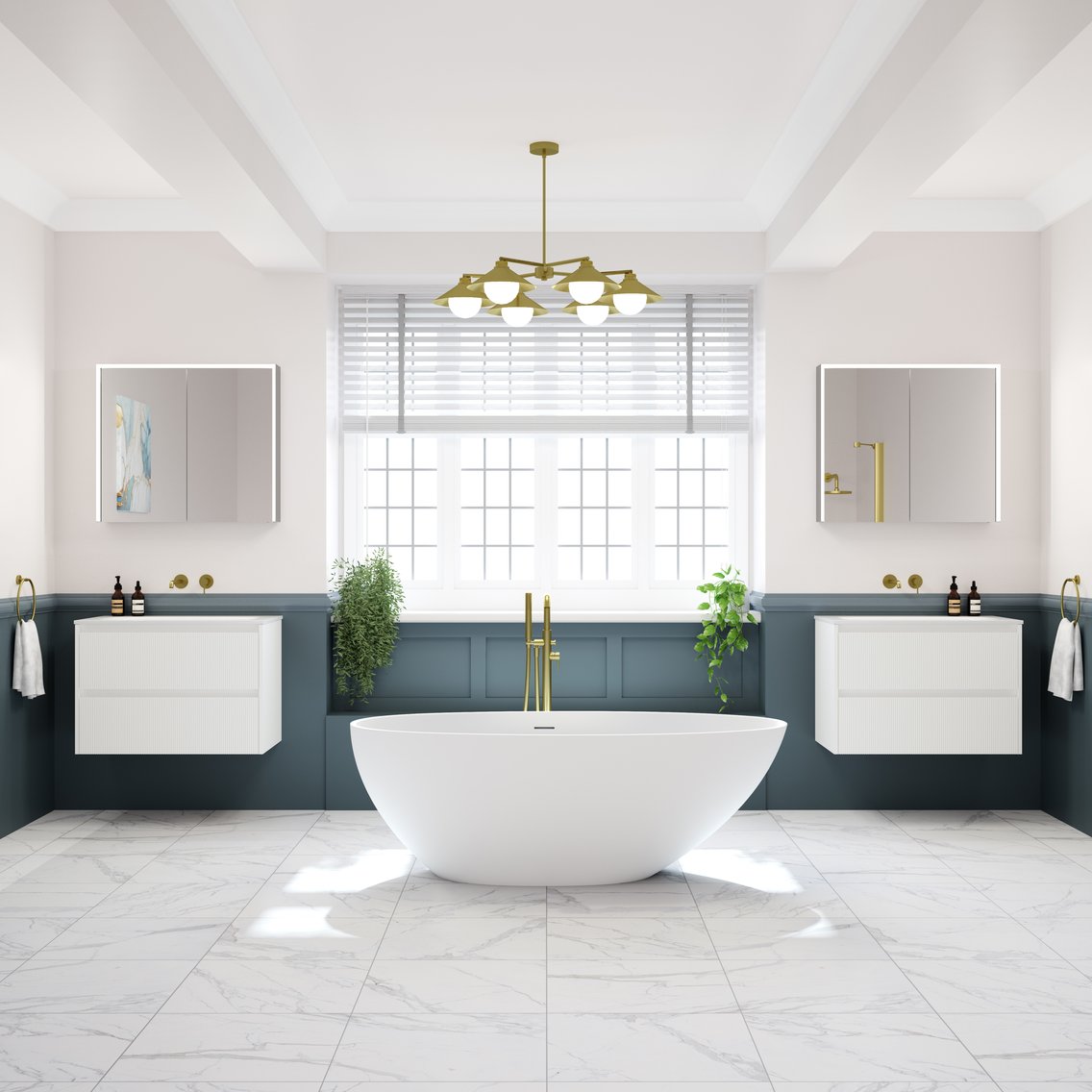 A 34st John bathroom set with blue and white walls and brass accents