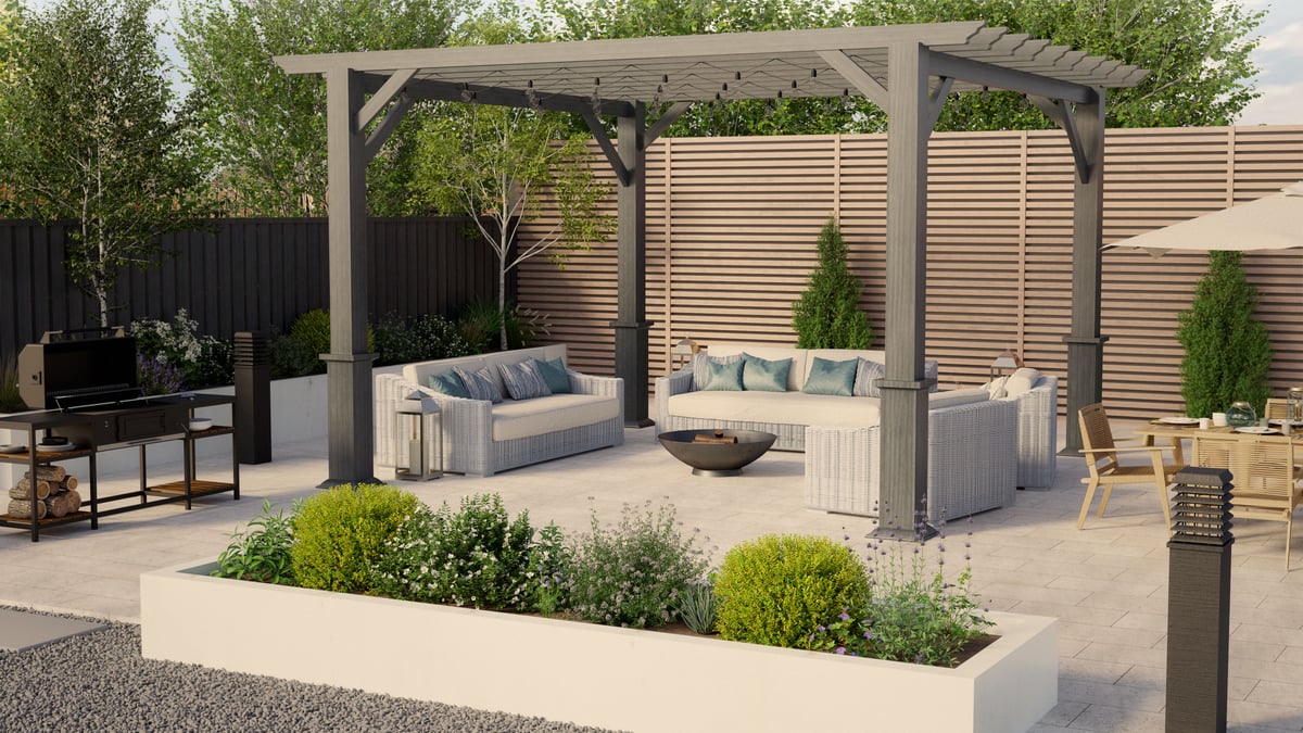 CGI of a large outdoor living space during the day with a wooden structure above it