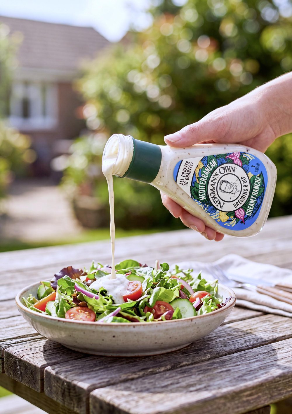 Pouring bottle of creamy dressing and dip ranch style onto salad 
