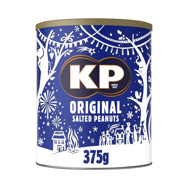 Optimised pack shot of a seasonal salted peanuts tin