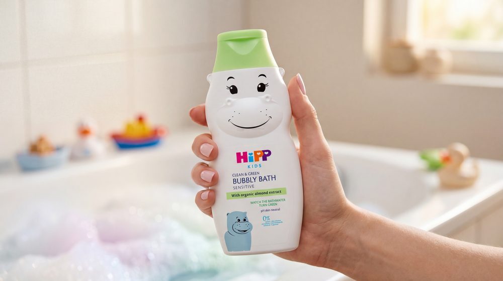 Optimised lifestyle image of a bubble bath bottle held over a bath